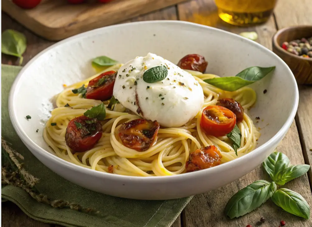 Creamy burrata pasta with fresh tomatoes and basil