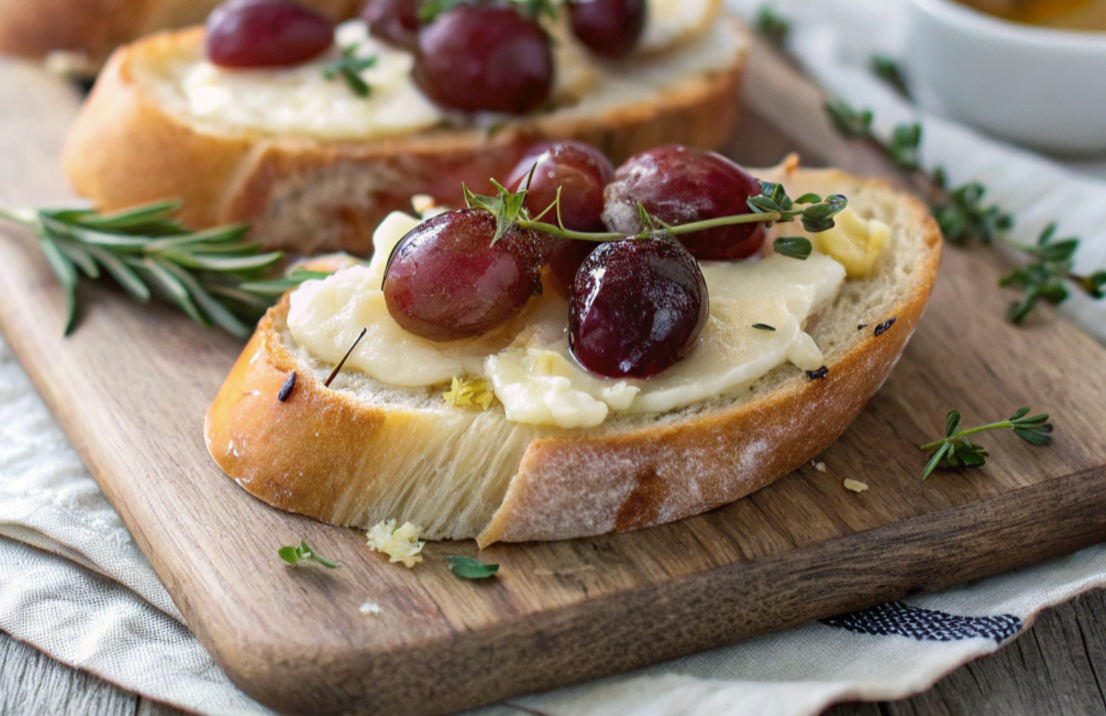 Close-up of roasted grape and brie crostini on a wooden board, topped with melted brie, caramelized grapes, fresh thyme, and a drizzle of honey, creating a warm, elegant appetizer perfect for gatherings