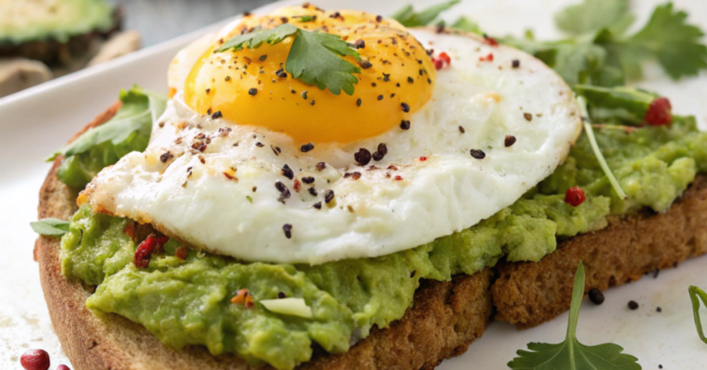 Avocado toast with sunny-side-up egg, garnished with herbs and chili flakes.