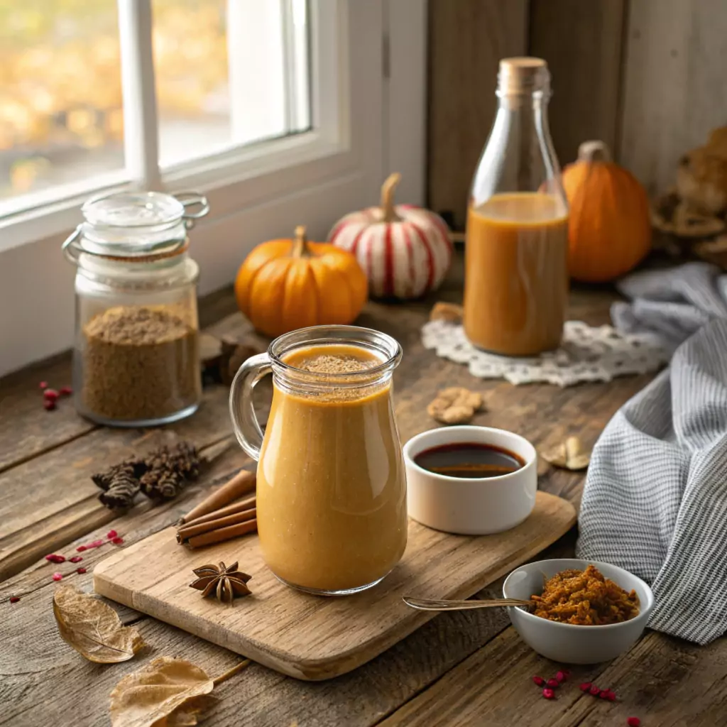 Jar of homemade pumpkin spice creamer with coffee, autumn decorations, and ingredients like pumpkin puree and maple syrup on a rustic wooden counter.