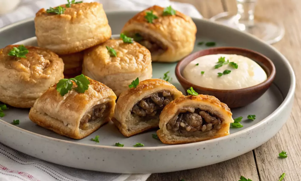 Mini Beef Wellington Bites on a serving tray with golden pastry and tender beef