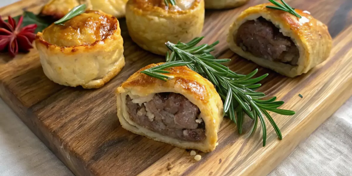 Mini Beef Wellingtons on a platter, freshly baked and garnished with thyme.