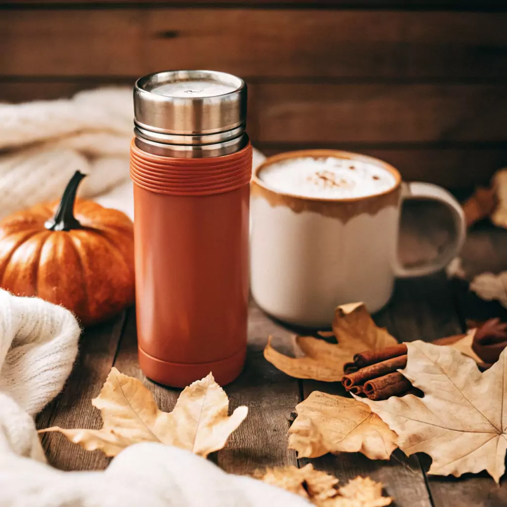 Pumpkin Spice Stanley thermos with pumpkin spice latte, autumn leaves, and pumpkins.